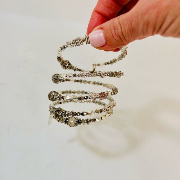 Silver and Gunmetal Beaded Stretch Bracelet Bangle - Picture 3 of 12